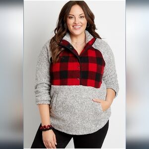 Maurices Red and Black Plaid Pullover Sherpa Sweater